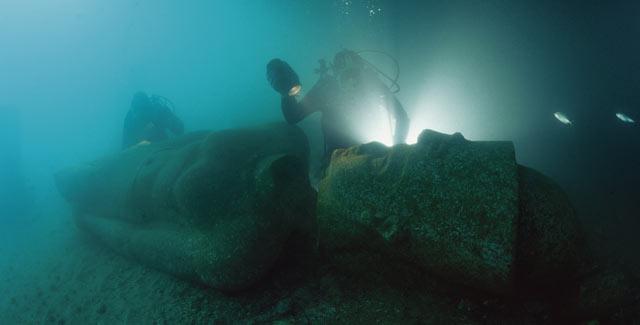 A 5 metres high colossal statue of a pharaoh found in the sunken city of Heracleion.